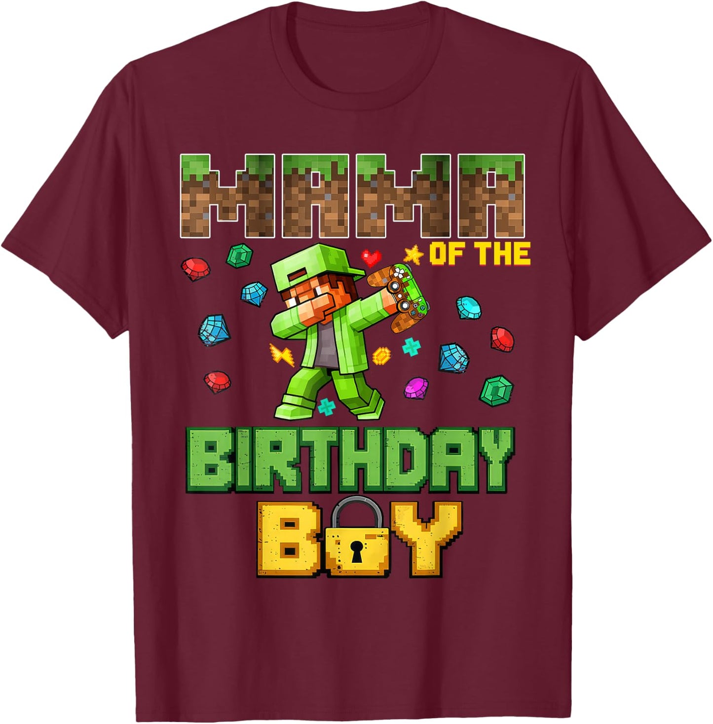 Mom Mama of The Birthday Boy Video Gamer Pixel Dab Number T-Shirt - T-Shirt | Maroon