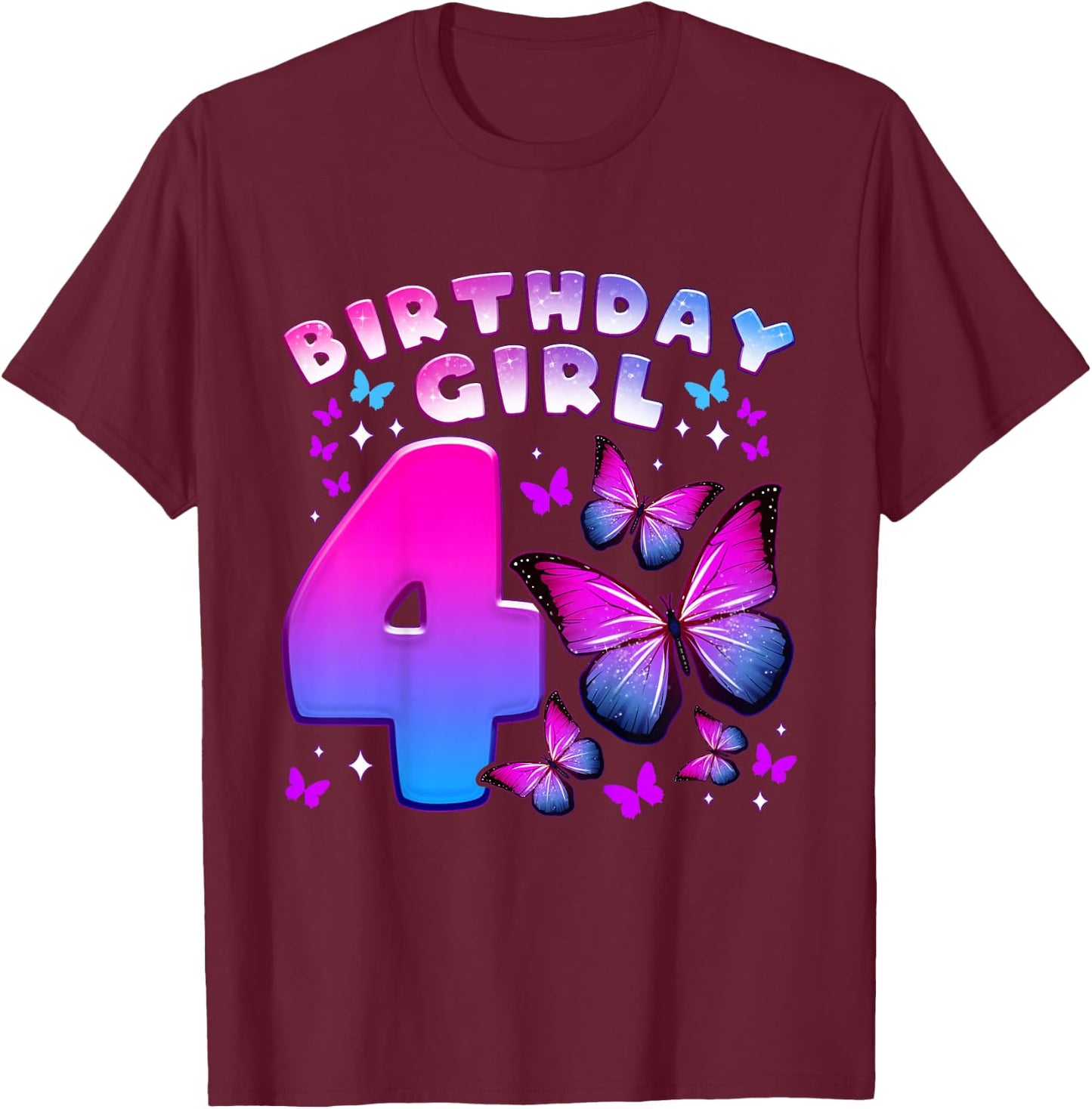 Birthday Girl 4 Years Old Butterfly Number 4 T-Shirt - T-Shirt | Maroon