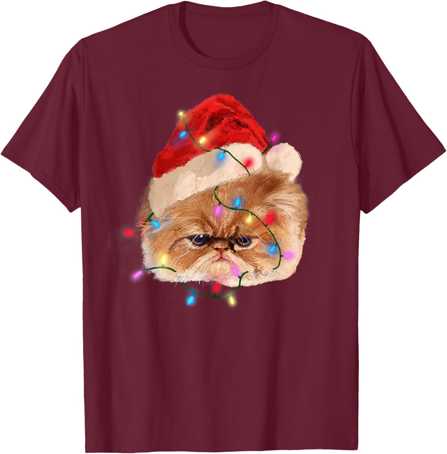 Funny Xmas Persian Cat Christmas Lights Adorable Face Fluffy T-Shirt - T-Shirt | Maroon