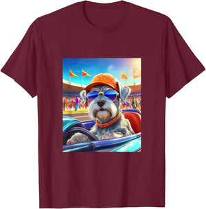 Mini Schnauzer Dog Driving Sports Race Car T-Shirt - T-Shirt | Maroon
