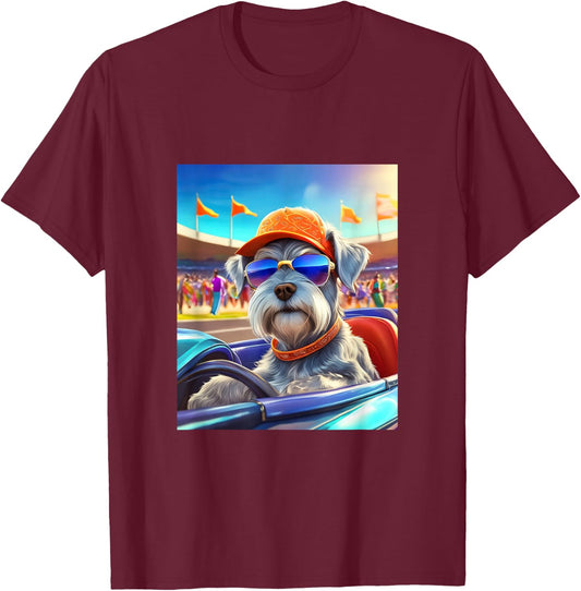 Mini Schnauzer Dog Driving Sports Race Car T-Shirt - T-Shirt | Maroon