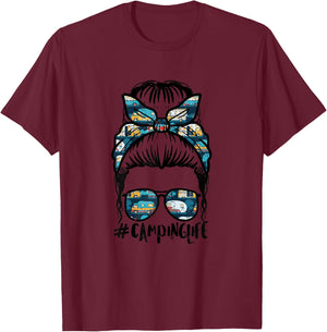 Camping Life Messy Bun Camp Camper Mom Women Girls Kids Teen T-Shirt - T-Shirt | Maroon