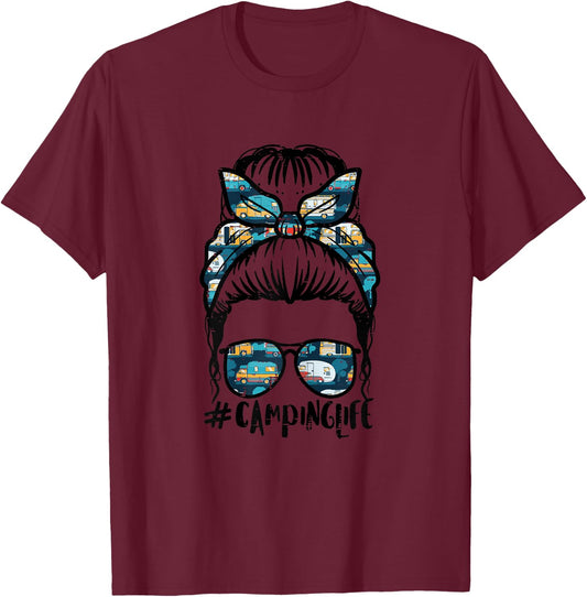Camping Life Messy Bun Camp Camper Mom Women Girls Kids Teen T-Shirt - T-Shirt | Maroon