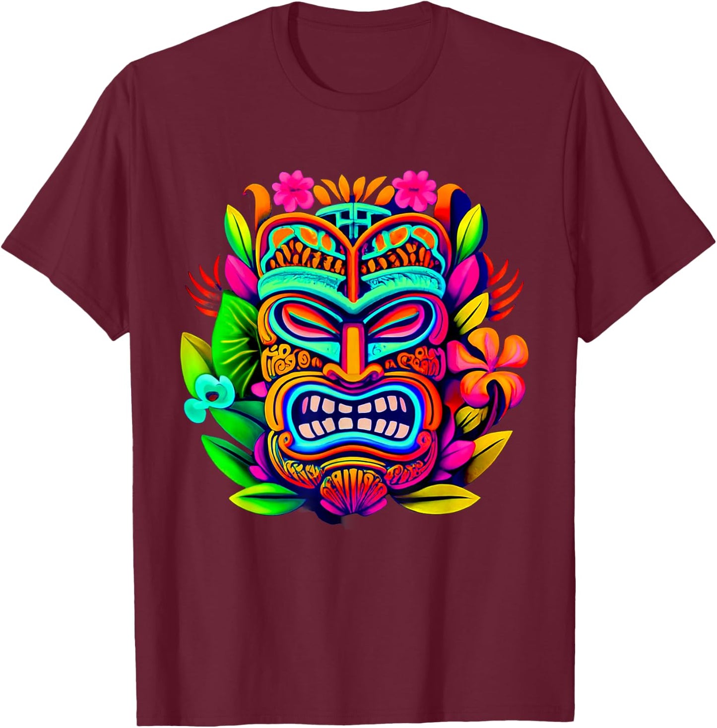 Bright Neon Maui Polynesian Hawaiian Tiki Head Style Design T-Shirt - T-Shirt | Maroon