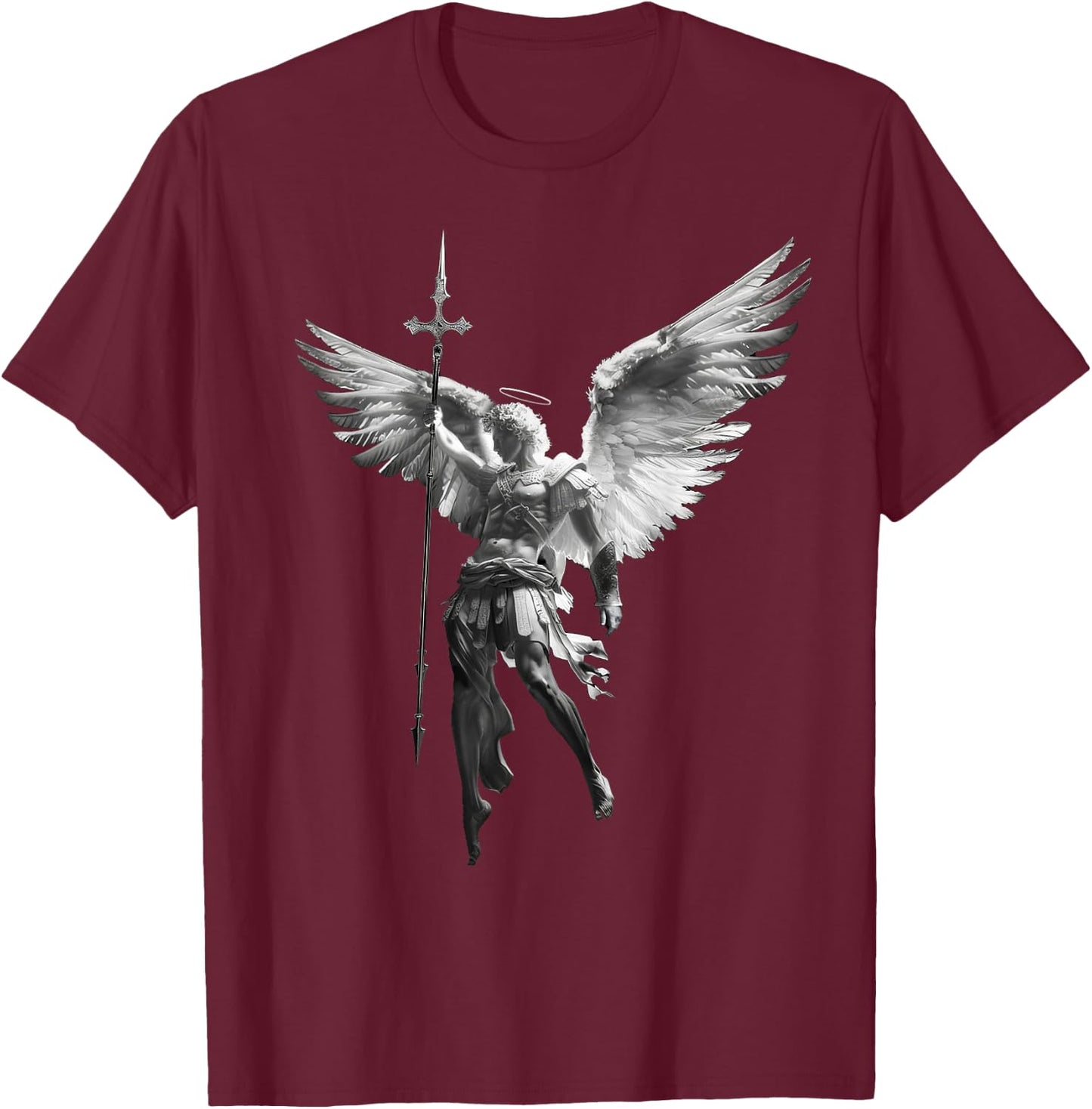 with German Text "Gottes Engel Michael Archangel with Spear Cross and Wings, black T-Shirt - T-Shirt | Maroon