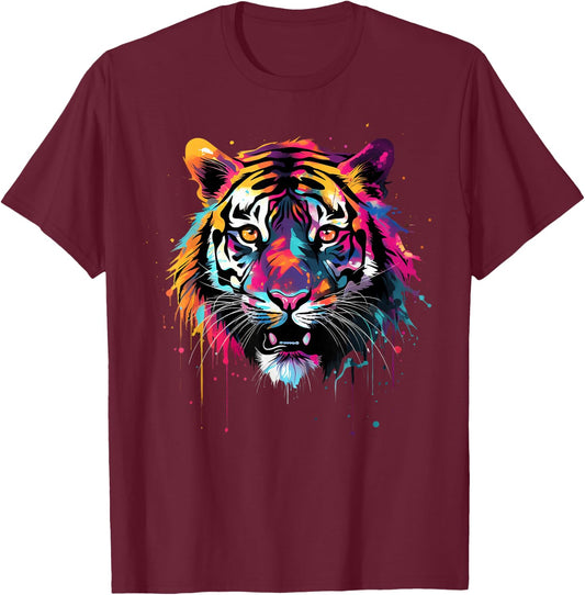 Cool Tiger on Colourful Painted Tiger , black T-Shirt - T-Shirt | Maroon