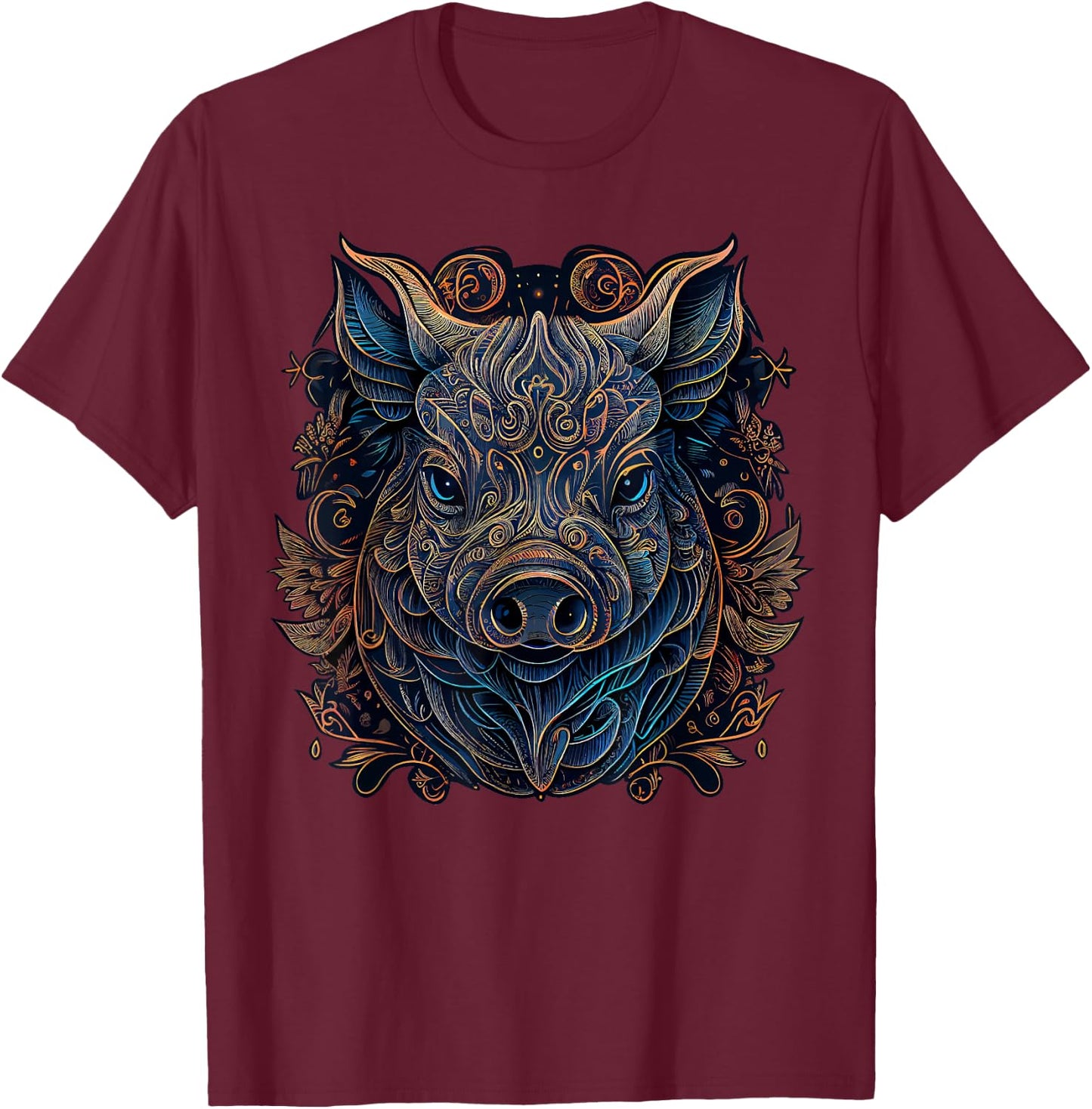 Chinese Zodiac Symbol Boar Animal Pig Astrology , Kids, -Adults, Short Sleeve, Black, Small, Classic Fit, Modern, Graphic, T Back, Cotton 60%, Polyester 40% T-Shirt - T-Shirt | Maroon