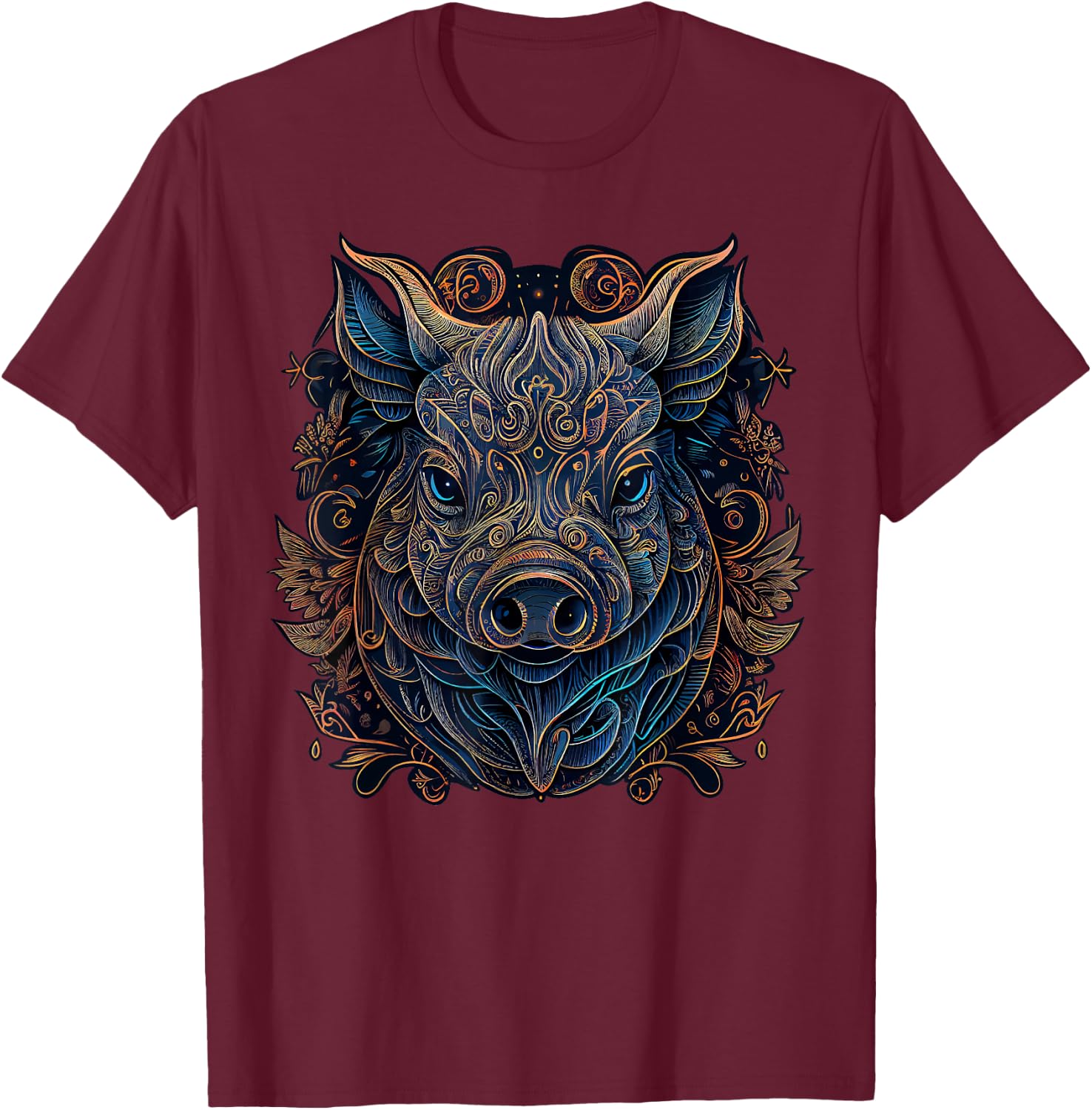 Chinese Zodiac Symbol Boar Animal Pig Astrology , Kids, -Adults, Short Sleeve, Black, Small, Classic Fit, Modern, Graphic, T Back, Cotton 60%, Polyester 40% T-Shirt - T-Shirt | Maroon