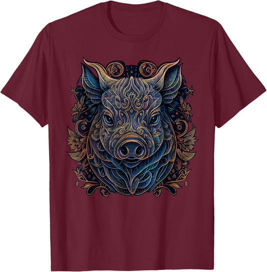 Chinese Zodiac Symbol Boar Animal Pig Astrology , Kids, -Adults, Short Sleeve, Black, Small, Classic Fit, Modern, Graphic, T Back, Cotton 60%, Polyester 40% T-Shirt - T-Shirt | Maroon