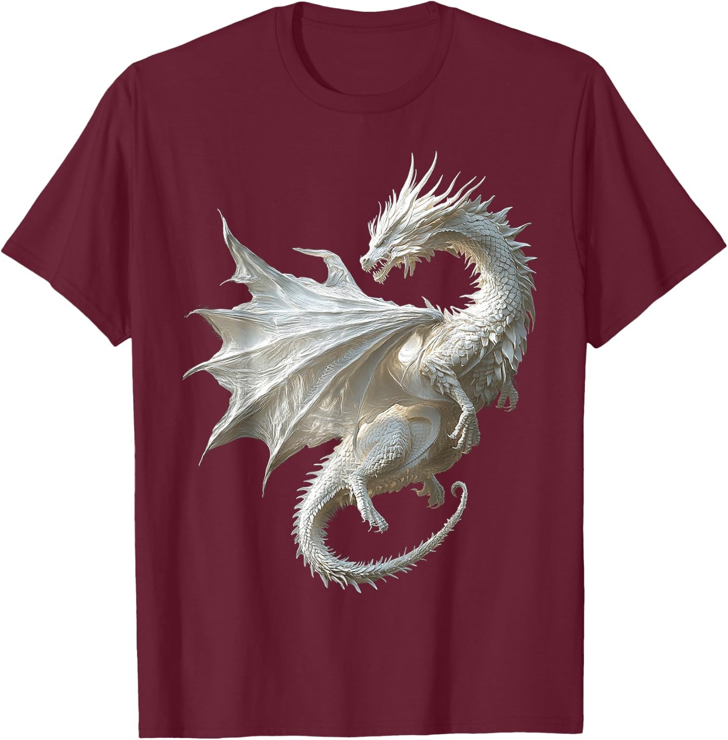 Mythical illustration of the white dragon , Black, S T-Shirt - T-Shirt | Maroon