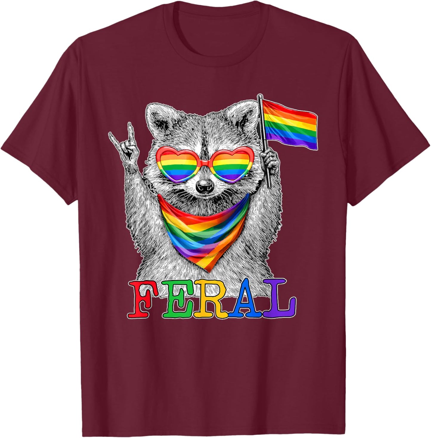 Pride LGBT Feral Raccoon Rainbow Flag Sunglasses Men Women T-Shirt - T-Shirt | Maroon
