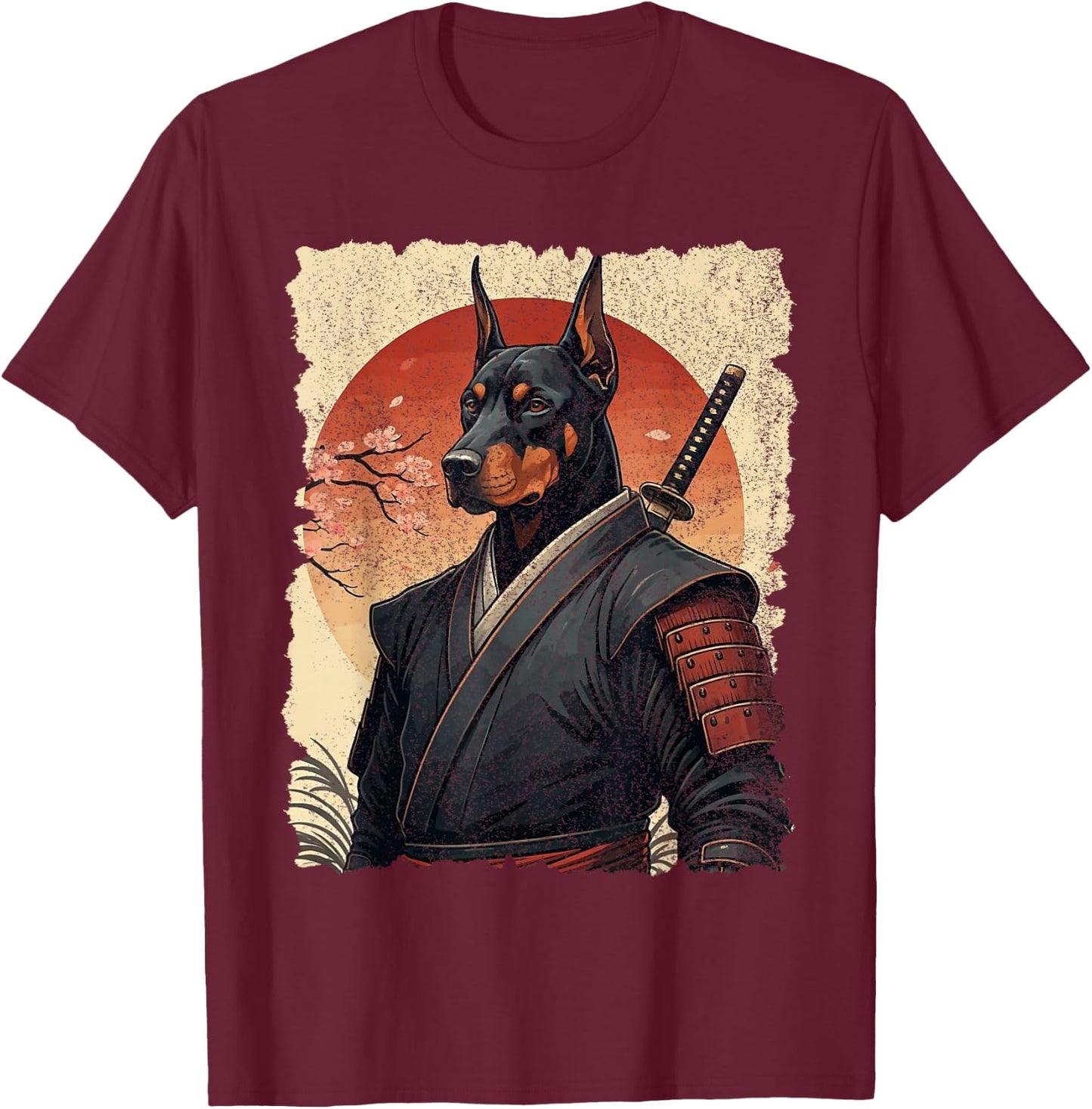 Ninja Doberman Samurai Warrior Katana Japanese Art T-Shirt - T-Shirt | Maroon