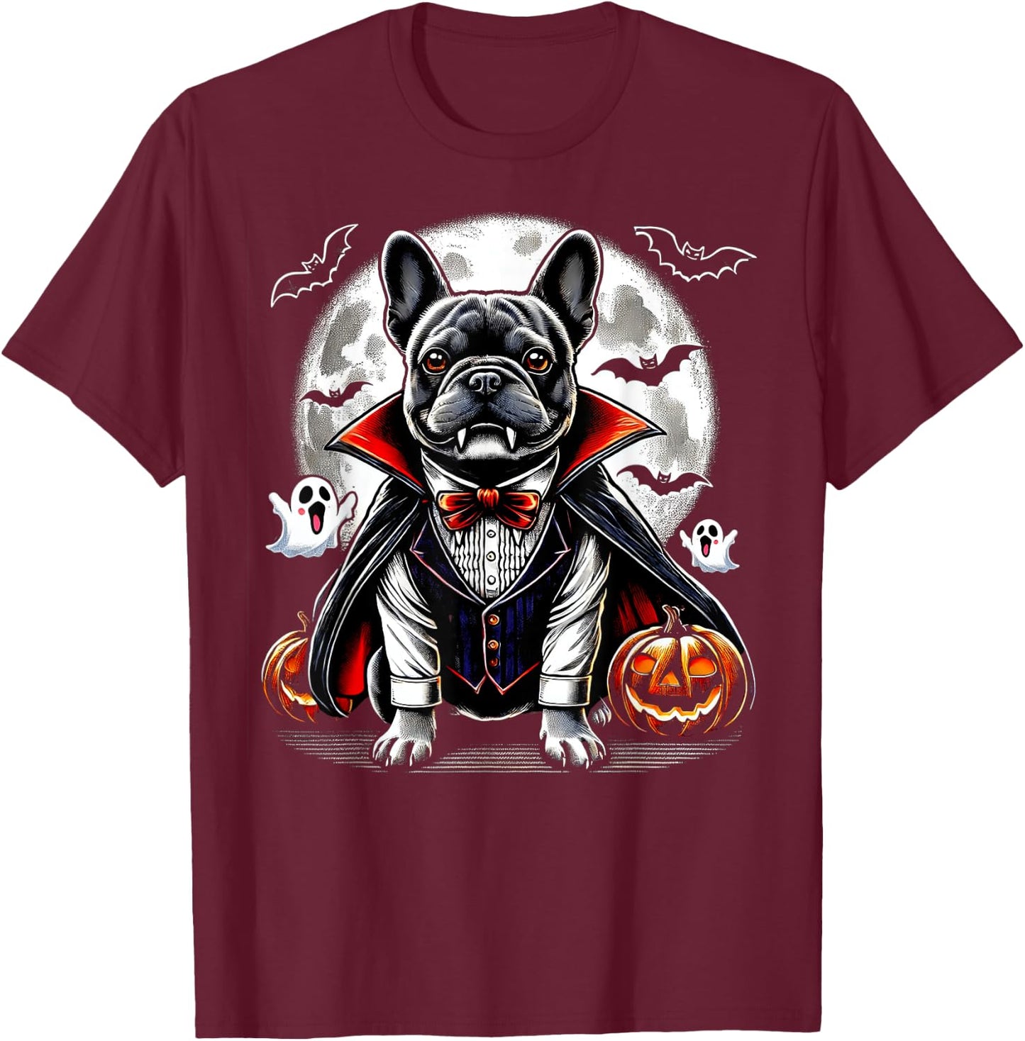Spooky French Bulldog Halloween Vampire Pumpkin Ghosts Puppy Men Women Kids T-Shirt - T-Shirt | Maroon