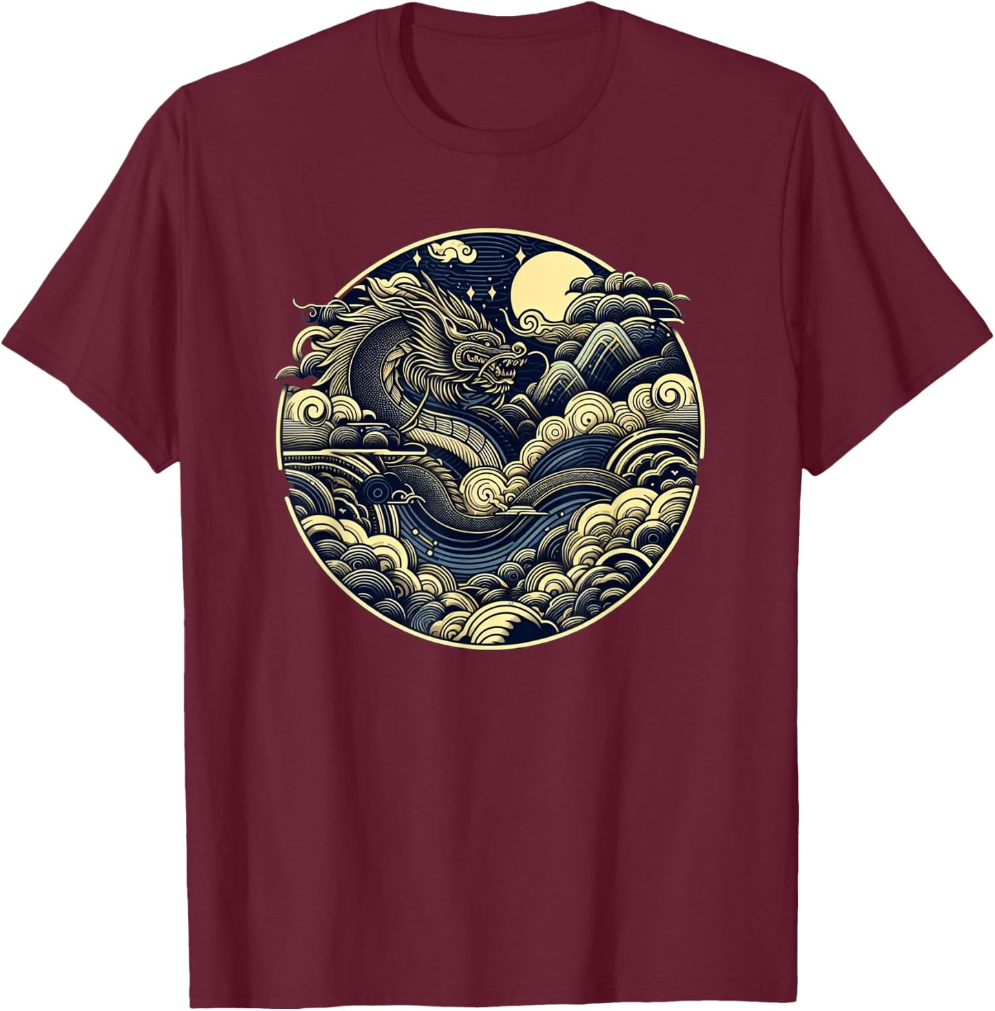 Japanese Dragon Moon Waves Ukiyo-e Style Circular Graphic T-Shirt - T-Shirt | Maroon