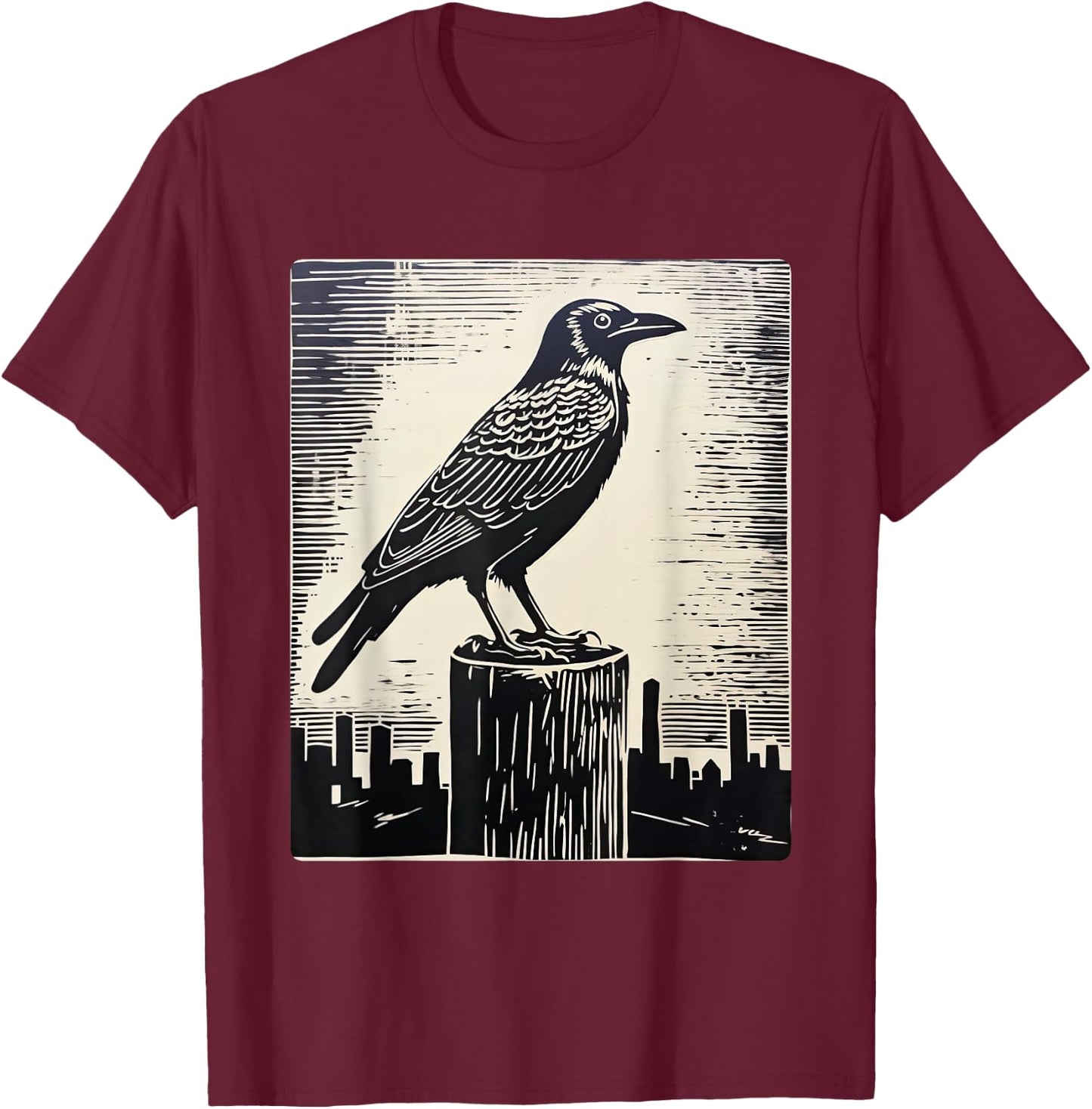 Crow in Linocut Raven Viking Crows Norse Mythology T-Shirt - T-Shirt | Maroon