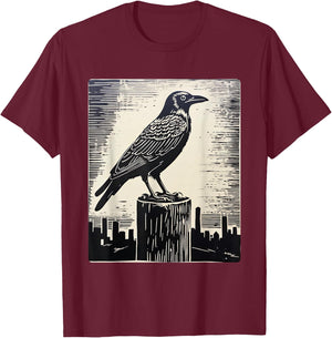 Crow in Linocut Raven Viking Crows Norse Mythology T-Shirt - T-Shirt | Maroon