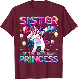 Sister of the Birthday Princess Girl Dabbing Unicorn Sister T-Shirt - T-Shirt | Maroon