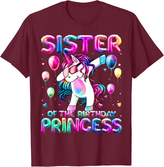 Sister of the Birthday Princess Girl Dabbing Unicorn Sister T-Shirt - T-Shirt | Maroon