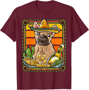 French Bulldog Cinco De Mayo Mexican Sombrero Frenchie Dog T-Shirt - T-Shirt | Maroon
