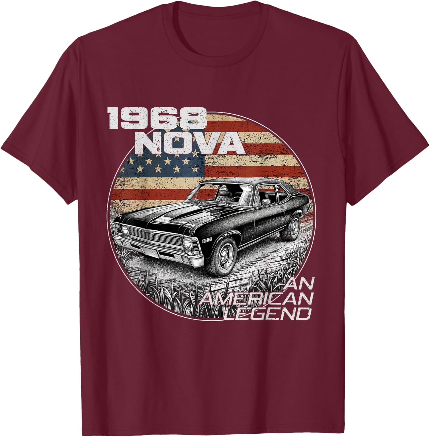 1968 68 Nova Silhouette Muscle Car American Flag T-Shirt - T-Shirt | Maroon
