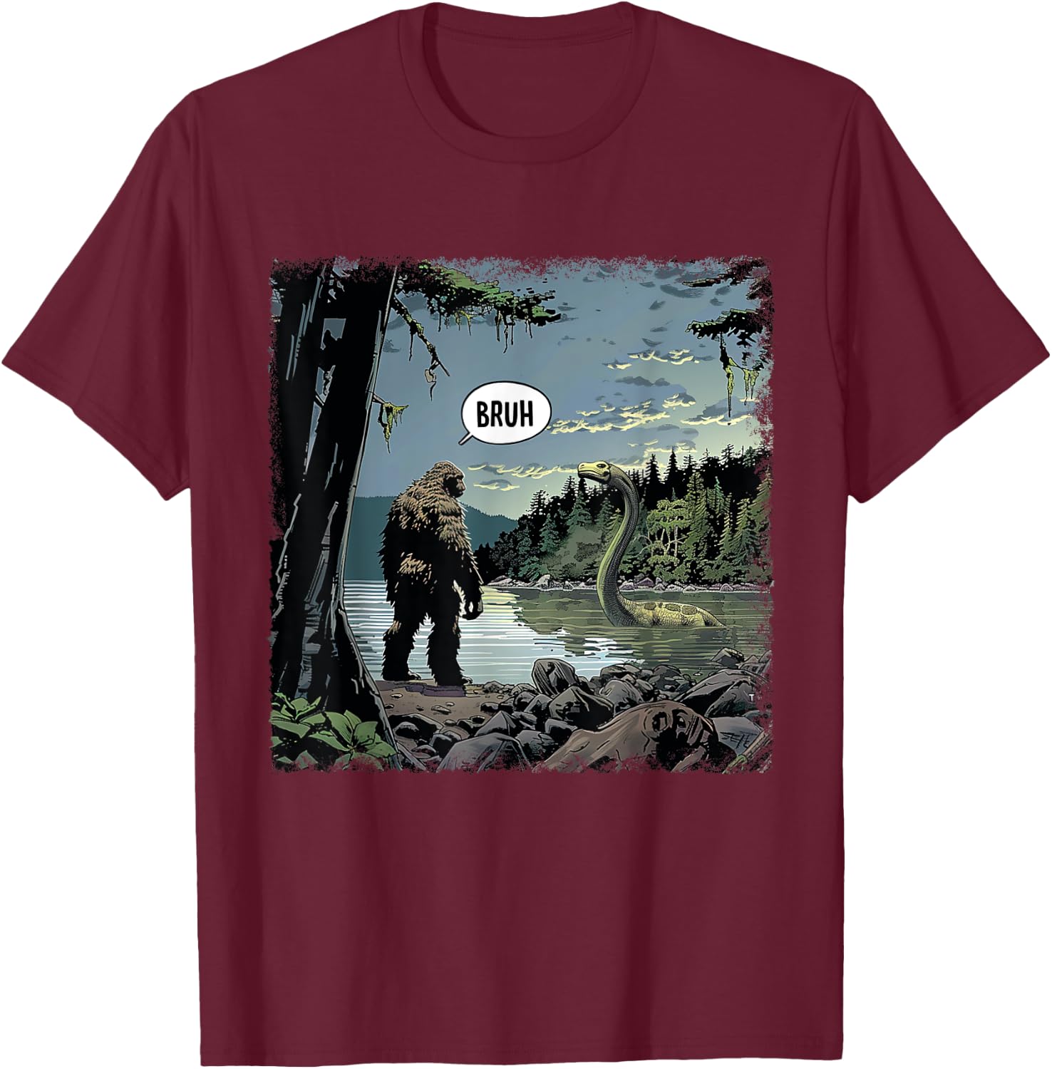 Classic Loch Ness Monster With Bigfoot Funny Animal Happily T-Shirt - T-Shirt | Maroon