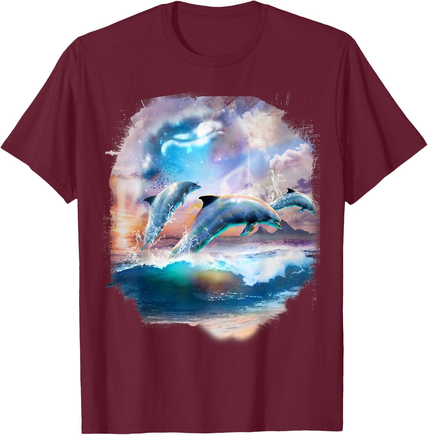 Dolphin Family, Dolphins in Clouds at Beach T-Shirt - T-Shirt | Maroon