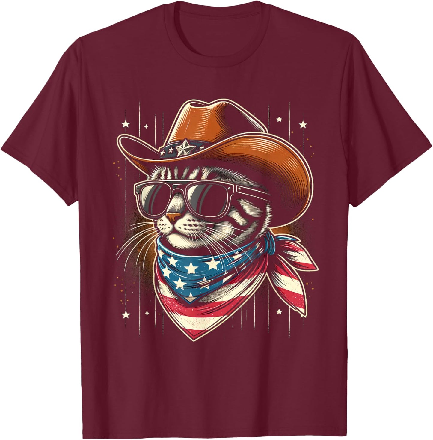 Funny Patriotic Cowboy Cat 4th of July Women Kids T-Shirt - T-Shirt | Maroon