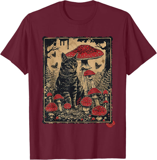 Cottagecore Aesthetic Cat Sits at Toadstool Mushroom T-Shirt - T-Shirt | Maroon