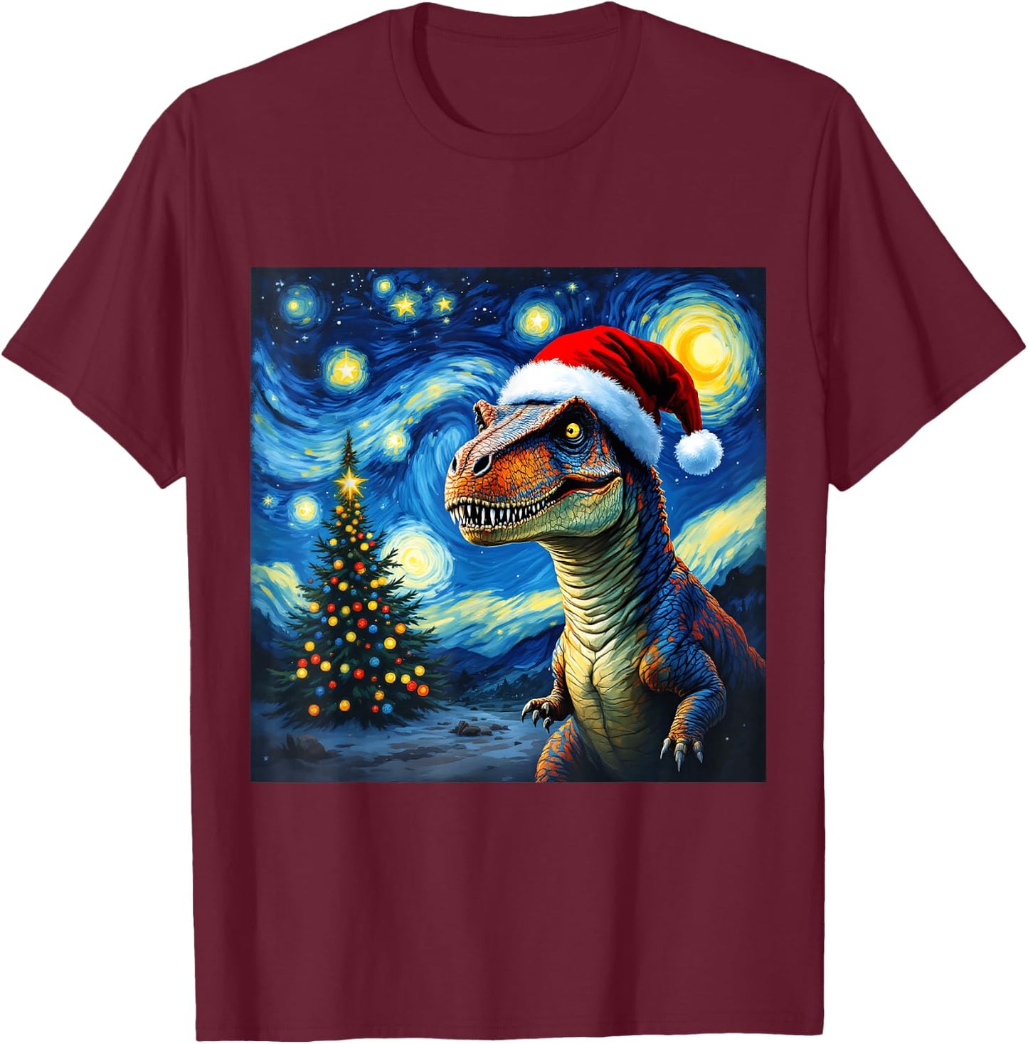Christmas Dinosaur Santa Hat Van Gogh Starry Night Holiday T-Shirt - T-Shirt | Maroon