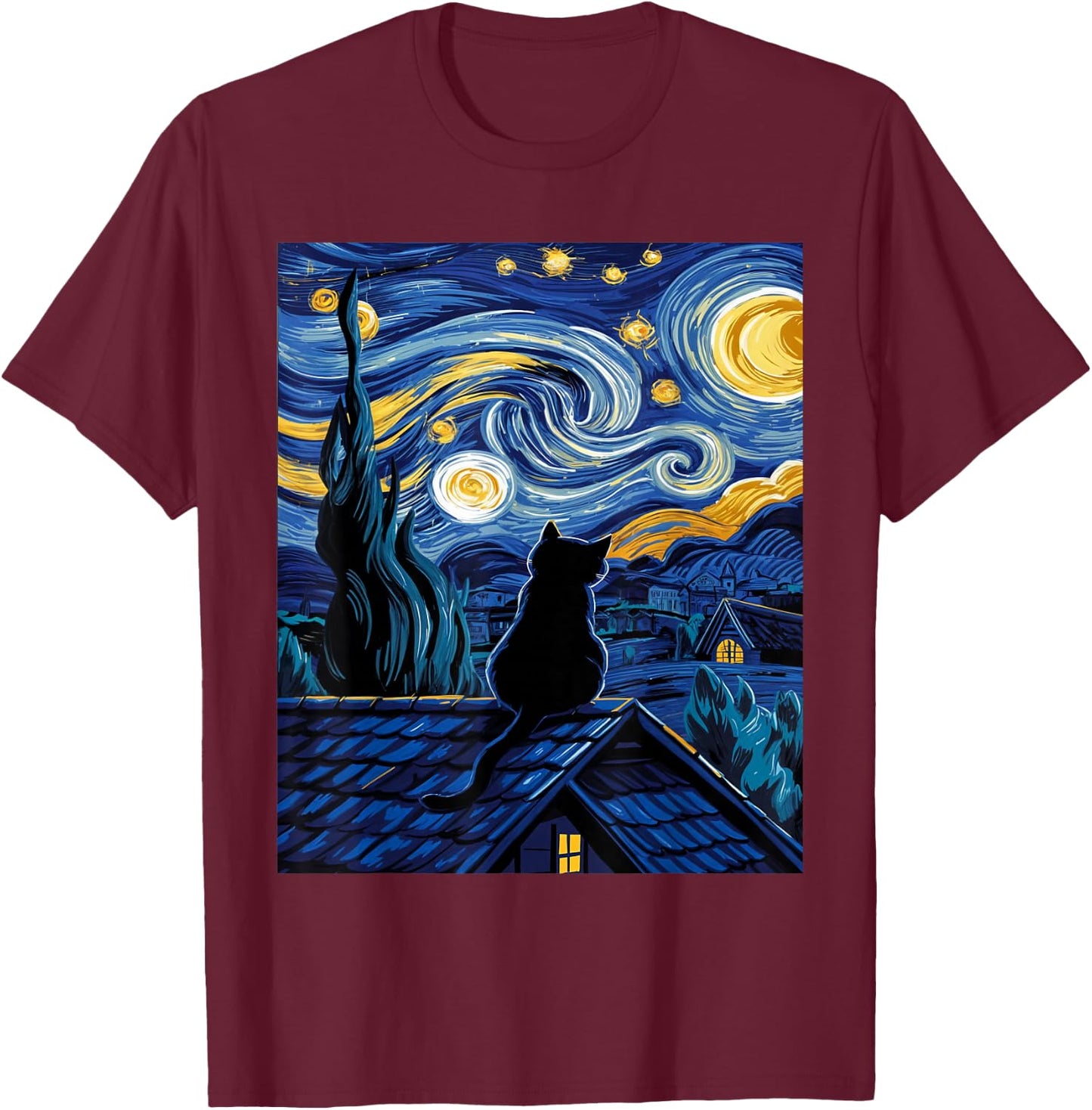 Cat Starry Night Van Gogh Cat Art Lover Funny Cat T-Shirt - T-Shirt | Maroon