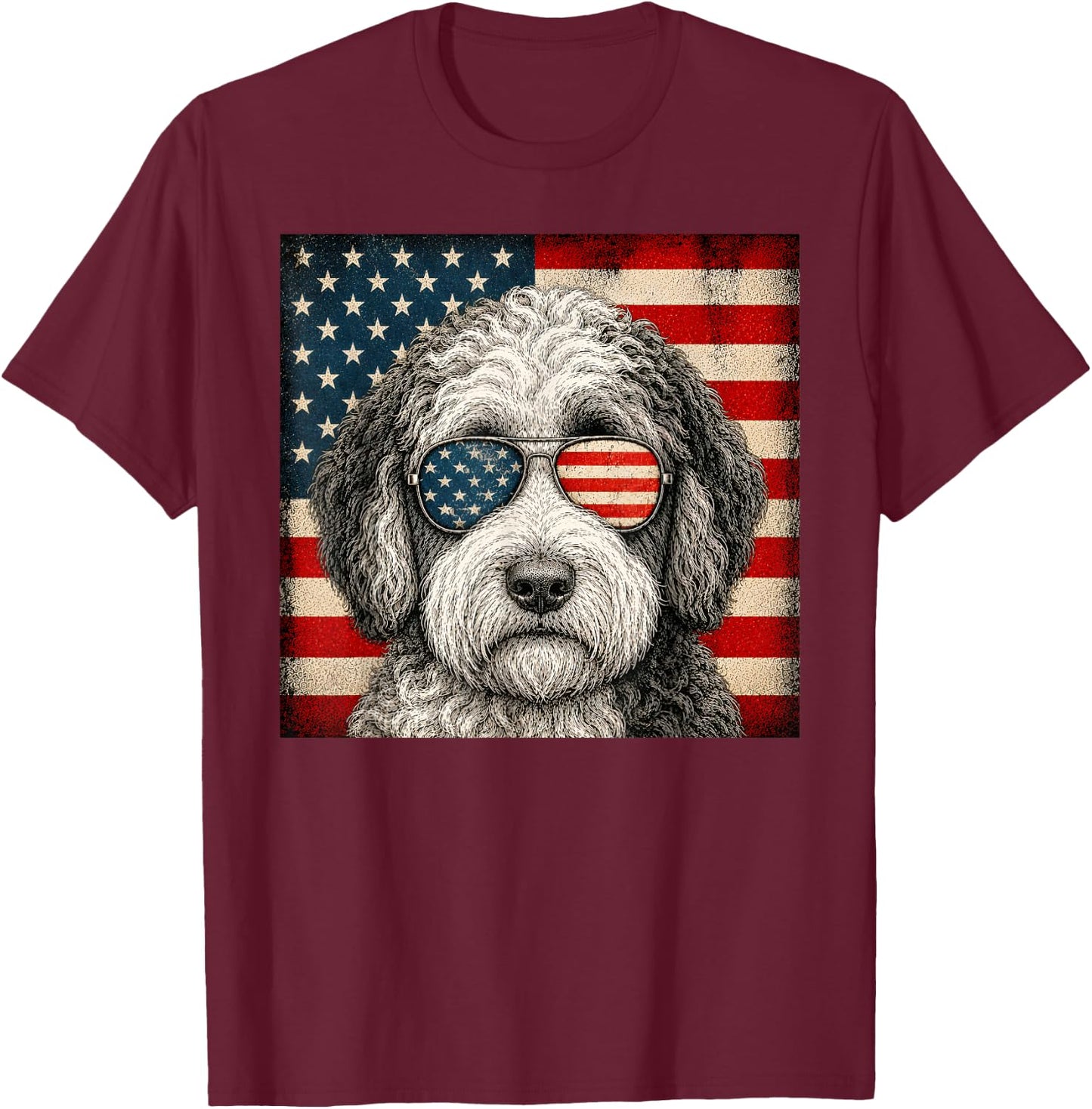 Sheepadoodle 4th of July US American Flag Dog Patriotic T-Shirt - T-Shirt | Maroon