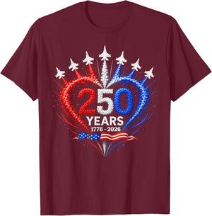 4th of July American Flag 250 Years of Freedom Heart Jets T-Shirt - T-Shirt | Maroon