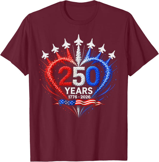 4th of July American Flag 250 Years of Freedom Heart Jets T-Shirt - T-Shirt | Maroon