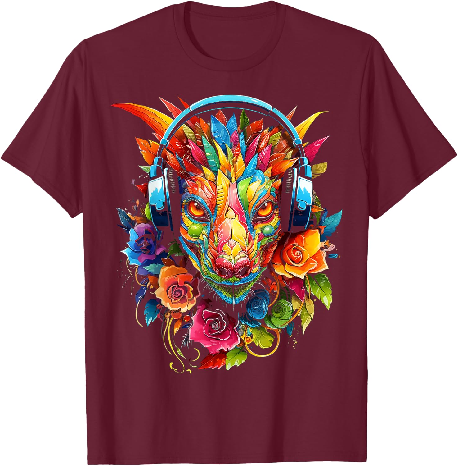 Dragon Headphones Art Colorful Flowers Graphic Anime T-Shirt - T-Shirt | Maroon