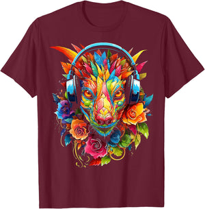 Dragon Headphones Art Colorful Flowers Graphic Anime T-Shirt - T-Shirt | Maroon
