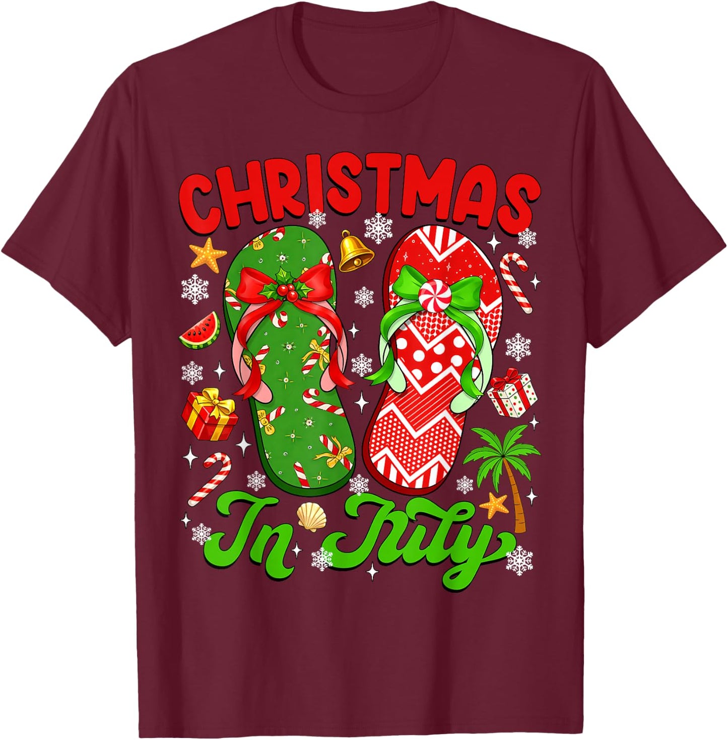 Christmas in July Flip Flops Xmas Summer Beach Vacation Kid T-Shirt - T-Shirt | Maroon
