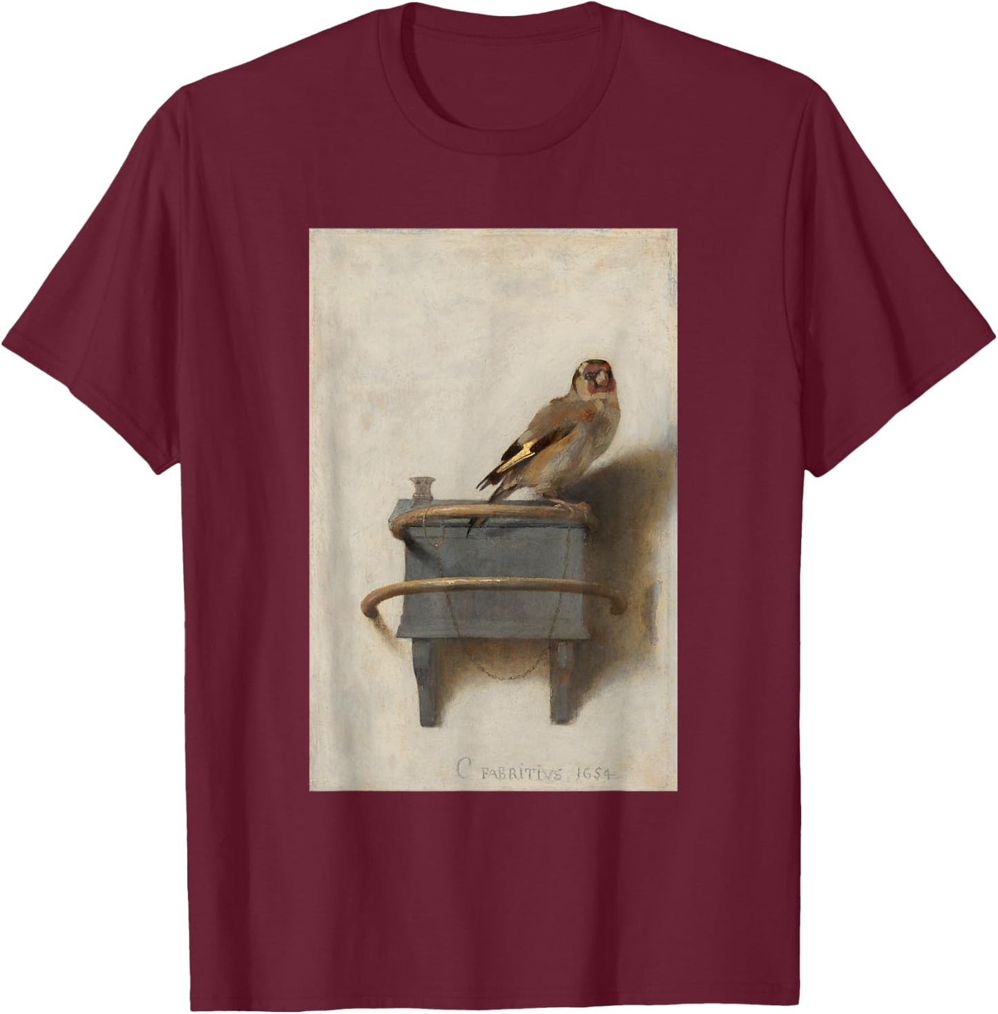 The Goldfinch by Carel Fabritius Bird Painting Fine Art T-Shirt - T-Shirt | Maroon
