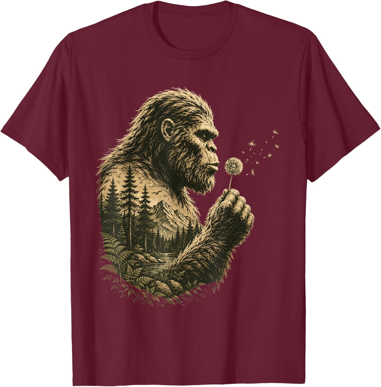 Bigfoot Blowing Dandelion Vintage Sasquatch Nature Men Women T-Shirt - T-Shirt | Maroon