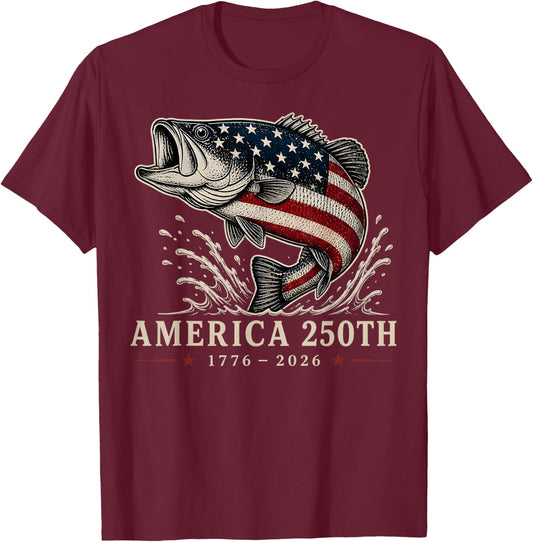 250 Years America 1776 2026 Fishing USA Flag 250th Birthday T-Shirt - T-Shirt | Maroon