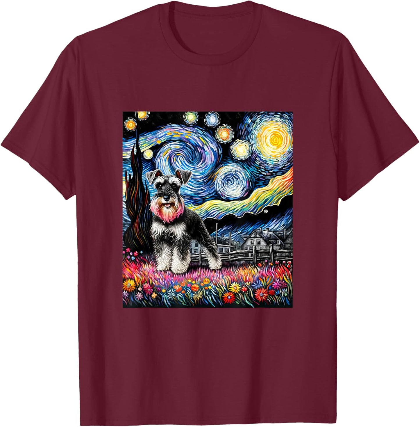 Miniature Schnauzer Dog Van Gogh Starry Night Painting T-Shirt - T-Shirt | Maroon