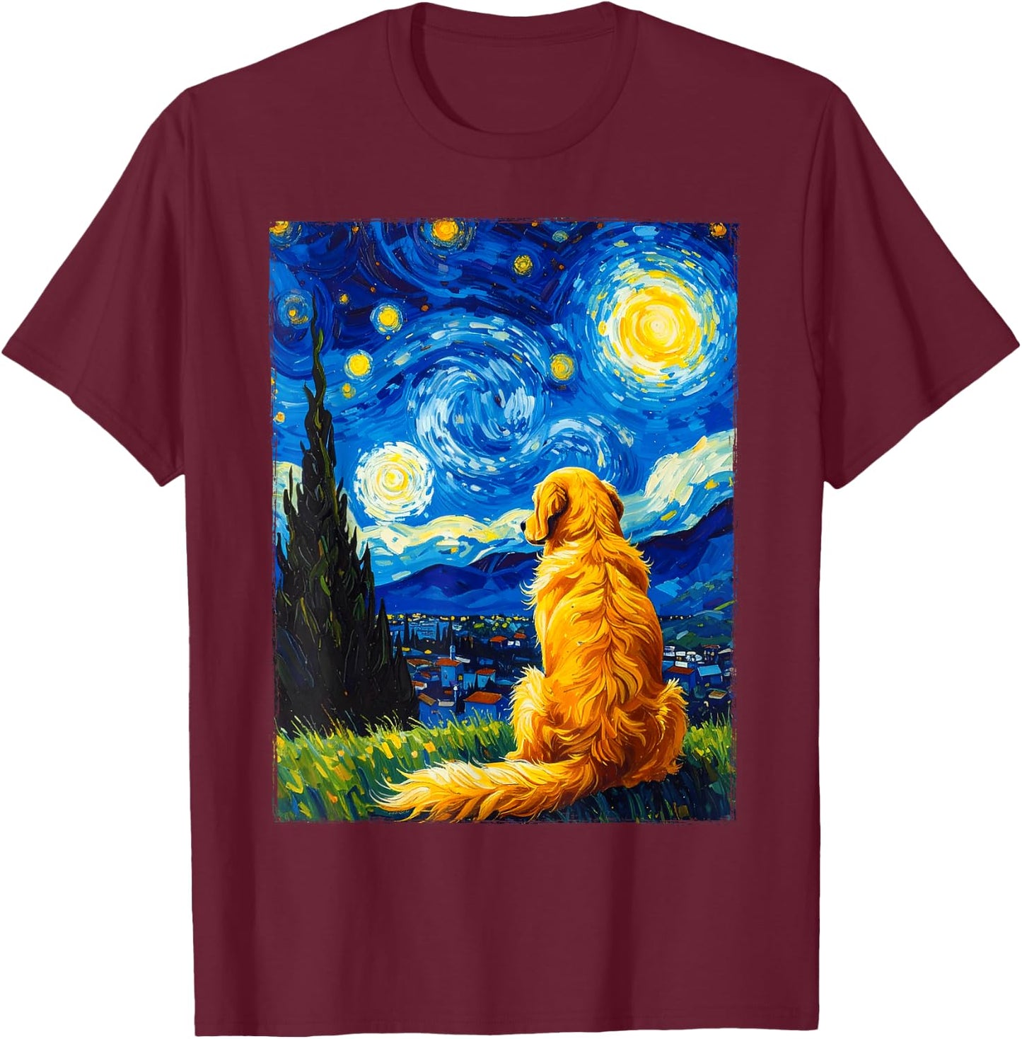 Van Gogh Starry Night Painting Golden Retriever Dog T-Shirt - T-Shirt | Maroon