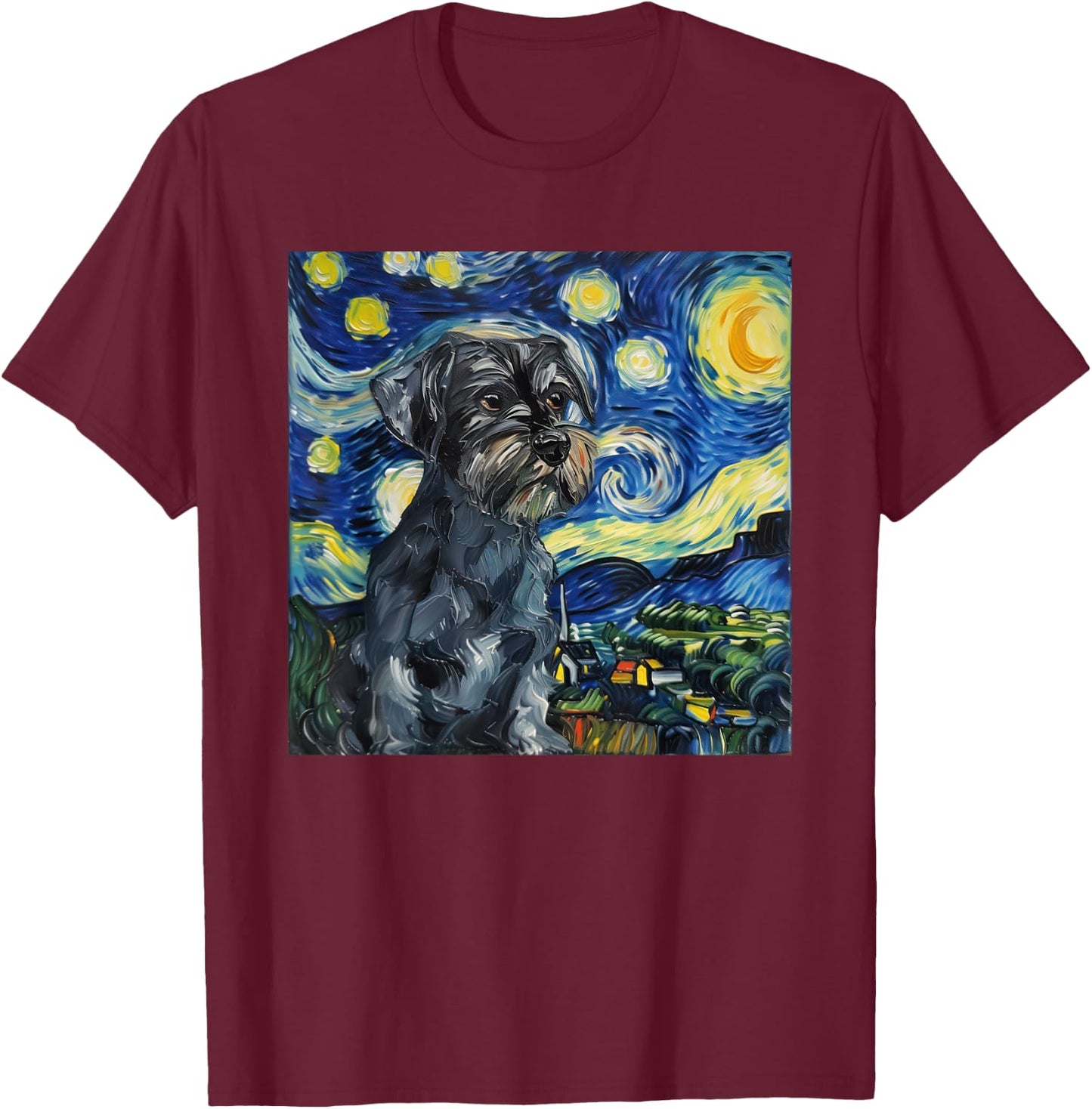 Miniature Schnauzer Dog Van Gogh Style Starry Night T-Shirt - T-Shirt | Maroon