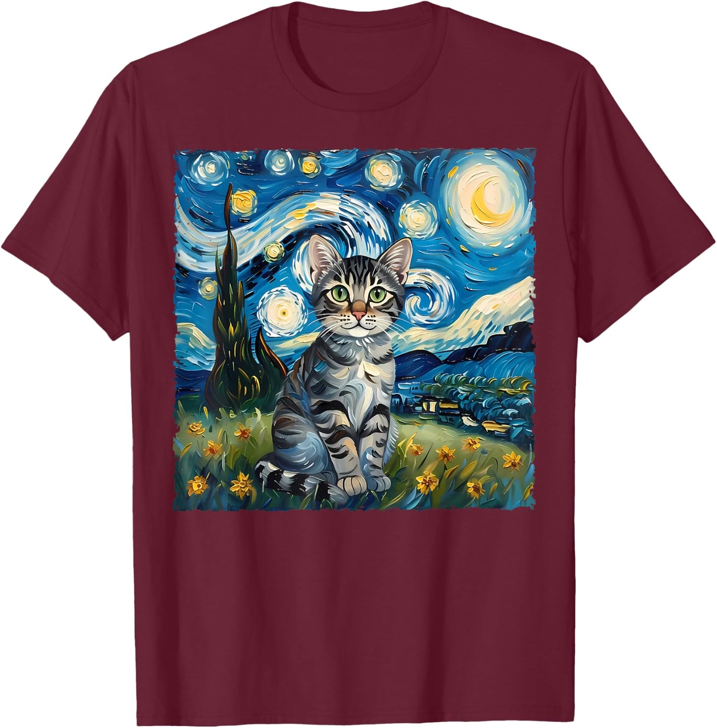 Van Gogh Style Funny Gray Tabby Tiger Cat Lover Starry Night T-Shirt - T-Shirt | Maroon