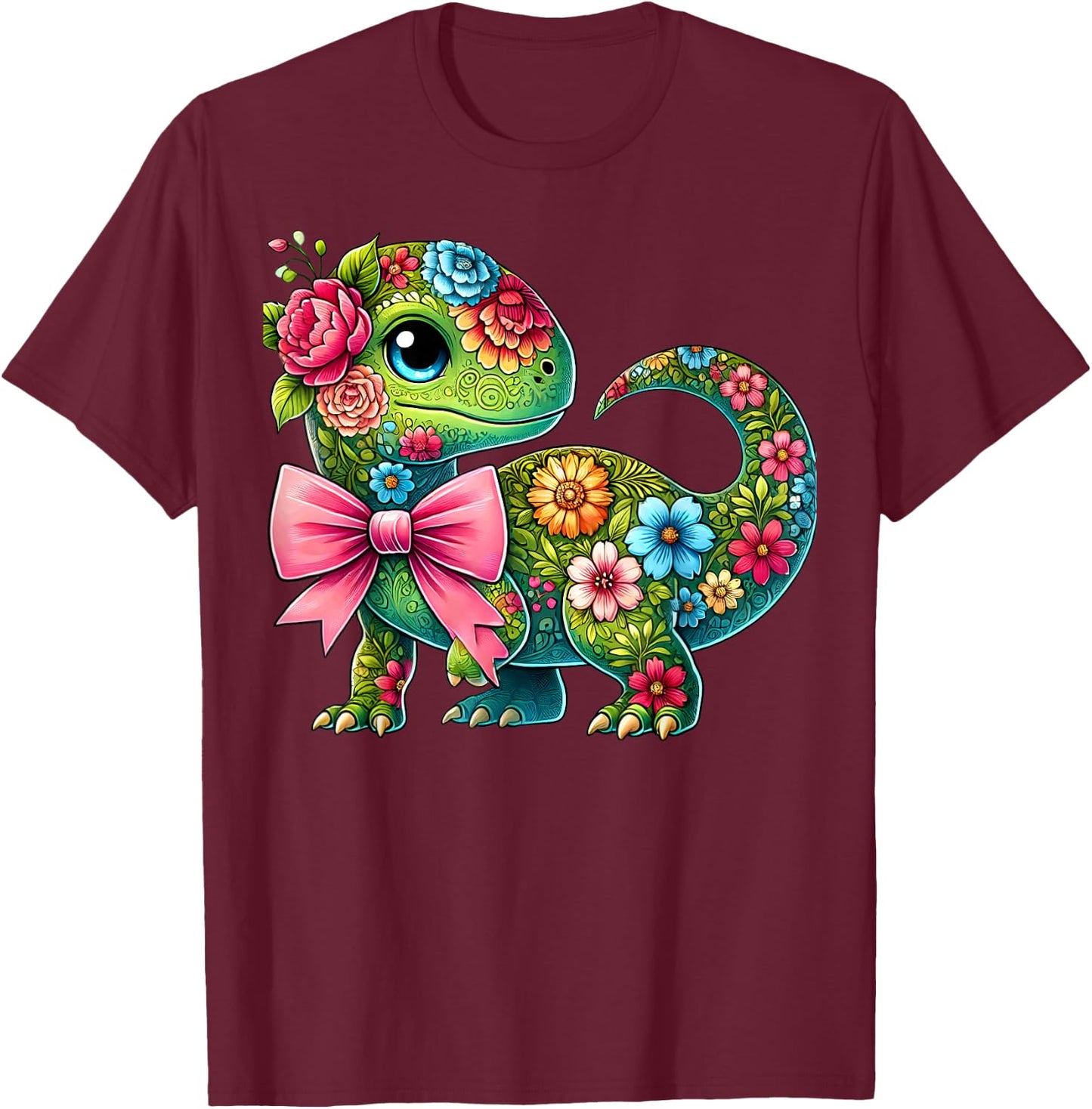 Floral Dinosaur Flower Cute Coquette Bow Graphic Women Girls T-Shirt - T-Shirt | Maroon