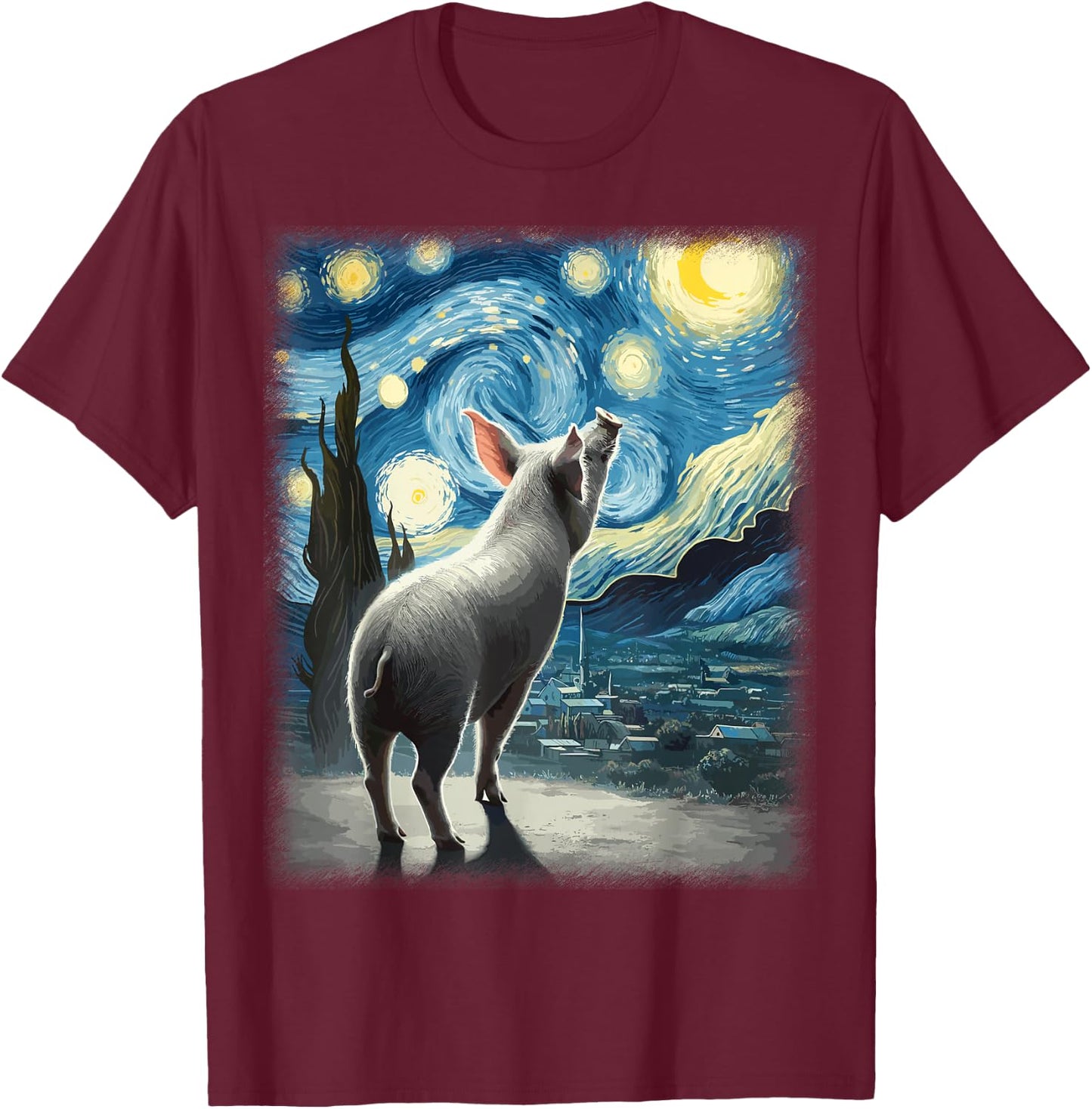 Pig Star Gazer - Artistic Van Gogh Style Starry Night Pig T-Shirt - T-Shirt | Maroon