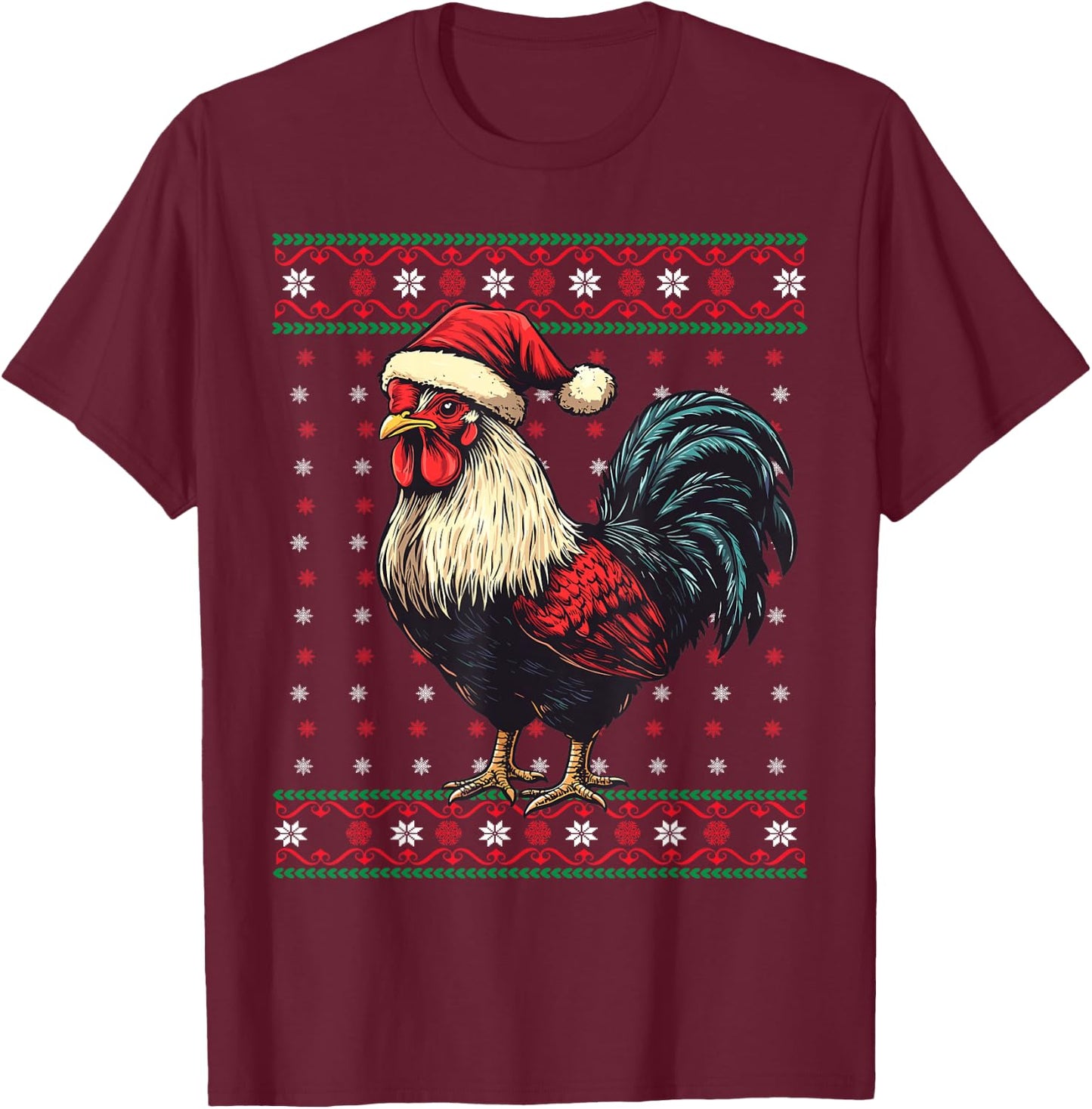 Ugly Christmas Sweater Rooster Santa Hat Funny Holiday T-Shirt - T-Shirt | Maroon