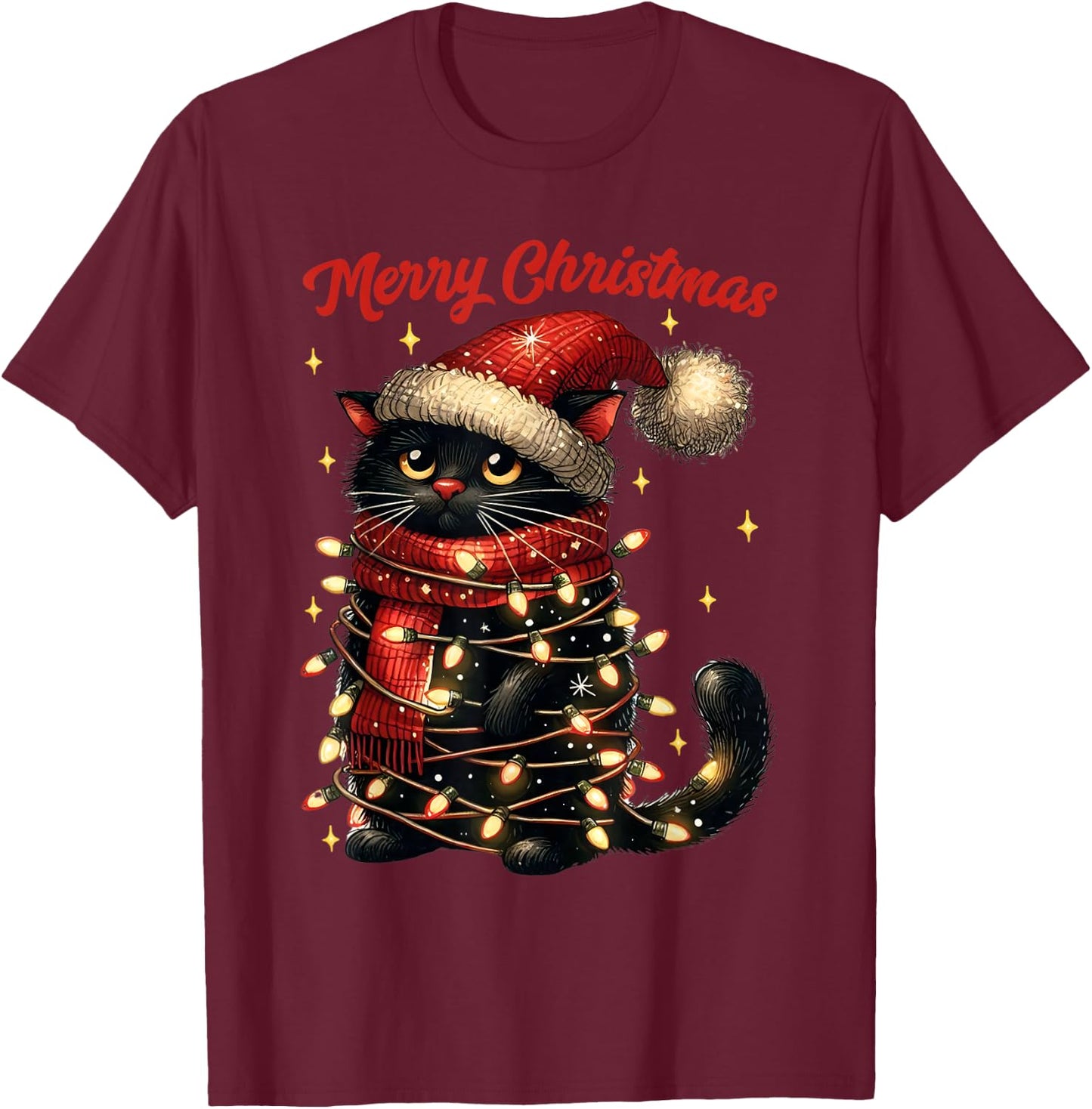 Christmas Outfit Cat with Christmas Lights Christmas , black T-Shirt - T-Shirt | Maroon