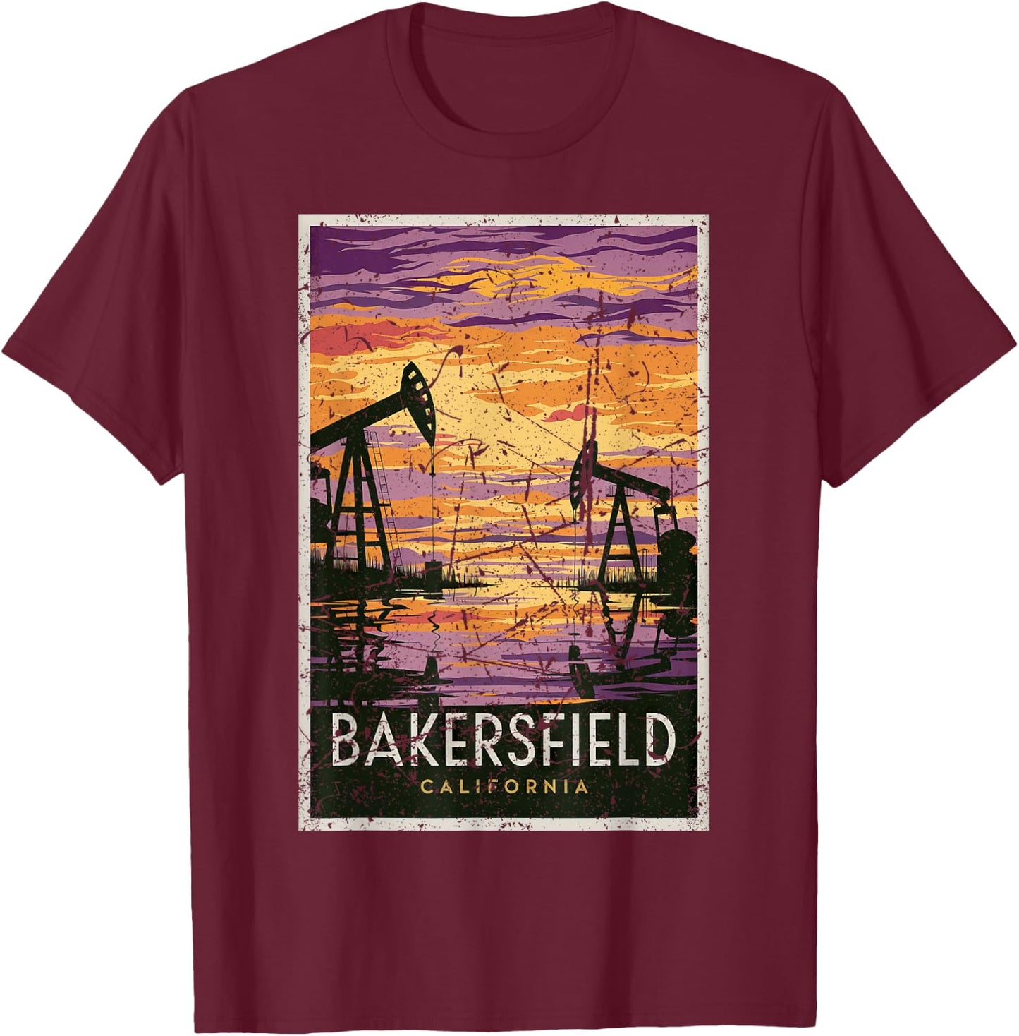 Bakersfield Sunset Oil Fields Retro Travel Art Print T-Shirt - T-Shirt | Maroon