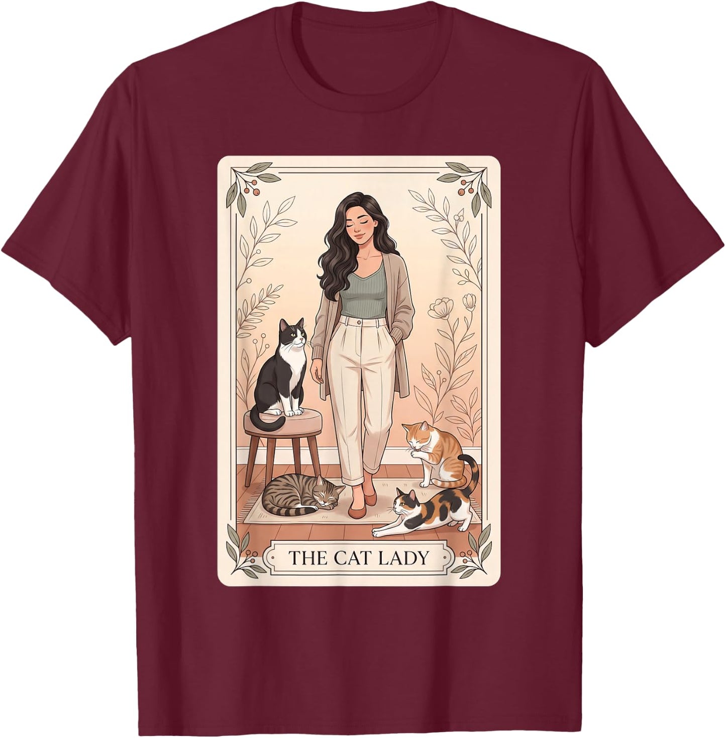 The Cat Lady – Witchy Gothic Tarot Cat Mom & Witch Cat T-Shirt - T-Shirt | Maroon