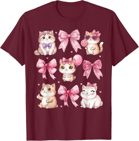 Cute Kitty Ribbon Coquette Bow Aesthetic Cat Lover T-Shirt - T-Shirt | Maroon